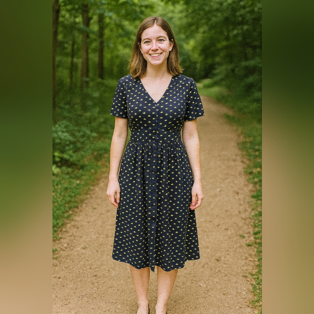 eshakti Navy Midi Dress with Yellow Pattern Print